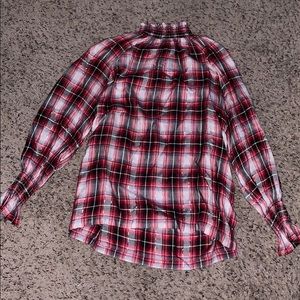 Ruffled red, black and white plaid shirt